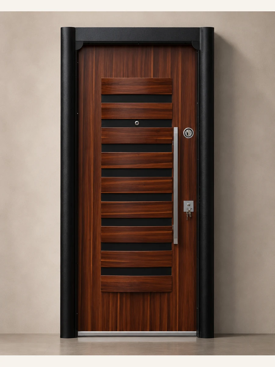 Porte Blindée Noyer Horizontal Black Line, référence PB-038 — Blouk Bois